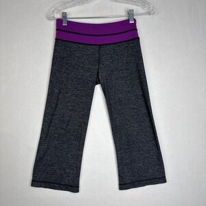 Lululemon Gray Heather Capri Leggings Purple Waistband Sz 4 Yoga Gym